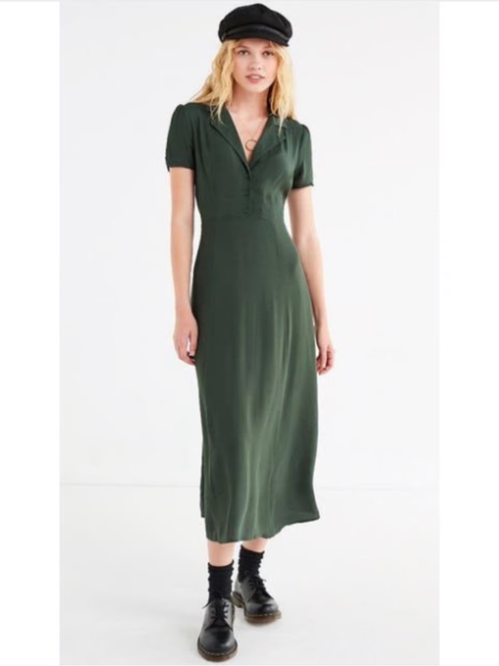 Urban Outfitters | UO Mila V-Neck Midi Shirt Dress | Forest Green | M